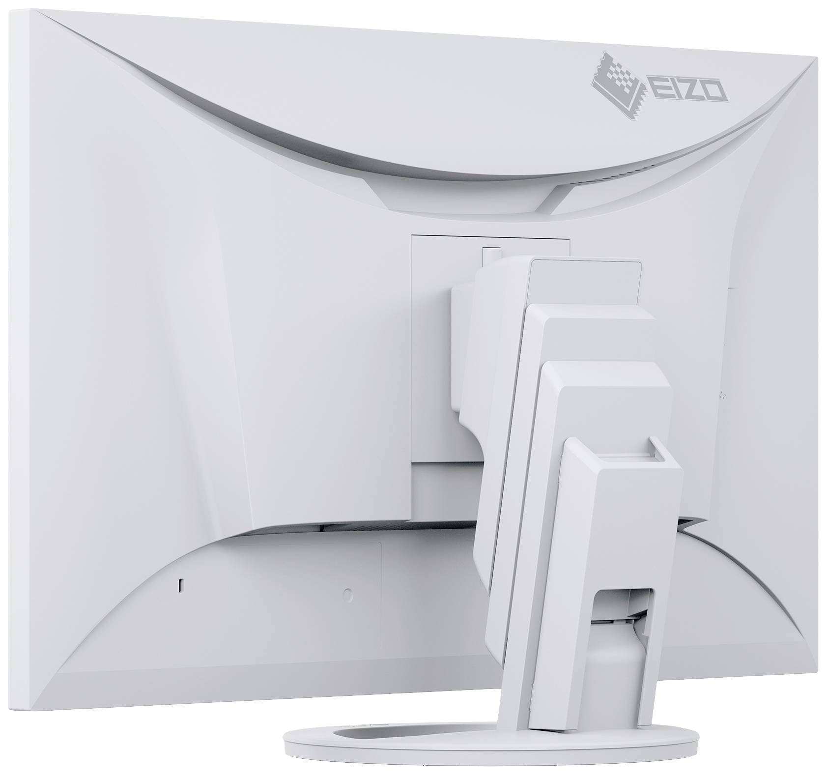 Ein weißer Computermonitor von hinten, mit verstellbarem Ständer und leicht sichtbarem Logo oben rechts.