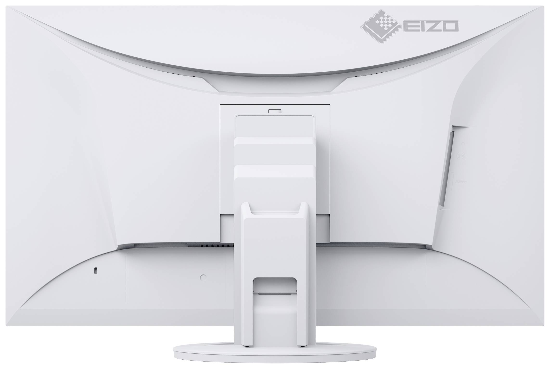 Rückansicht eines weißen Computerbildschirms mit flexiblem Standfuß und dem Logo der Marke oben rechts.