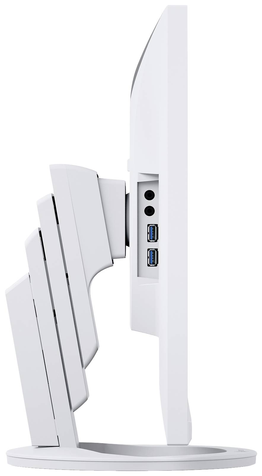 Seitliche Ansicht eines weißen Computermonitors mit zwei sichtbaren USB-Anschlüssen auf der Rückseite.