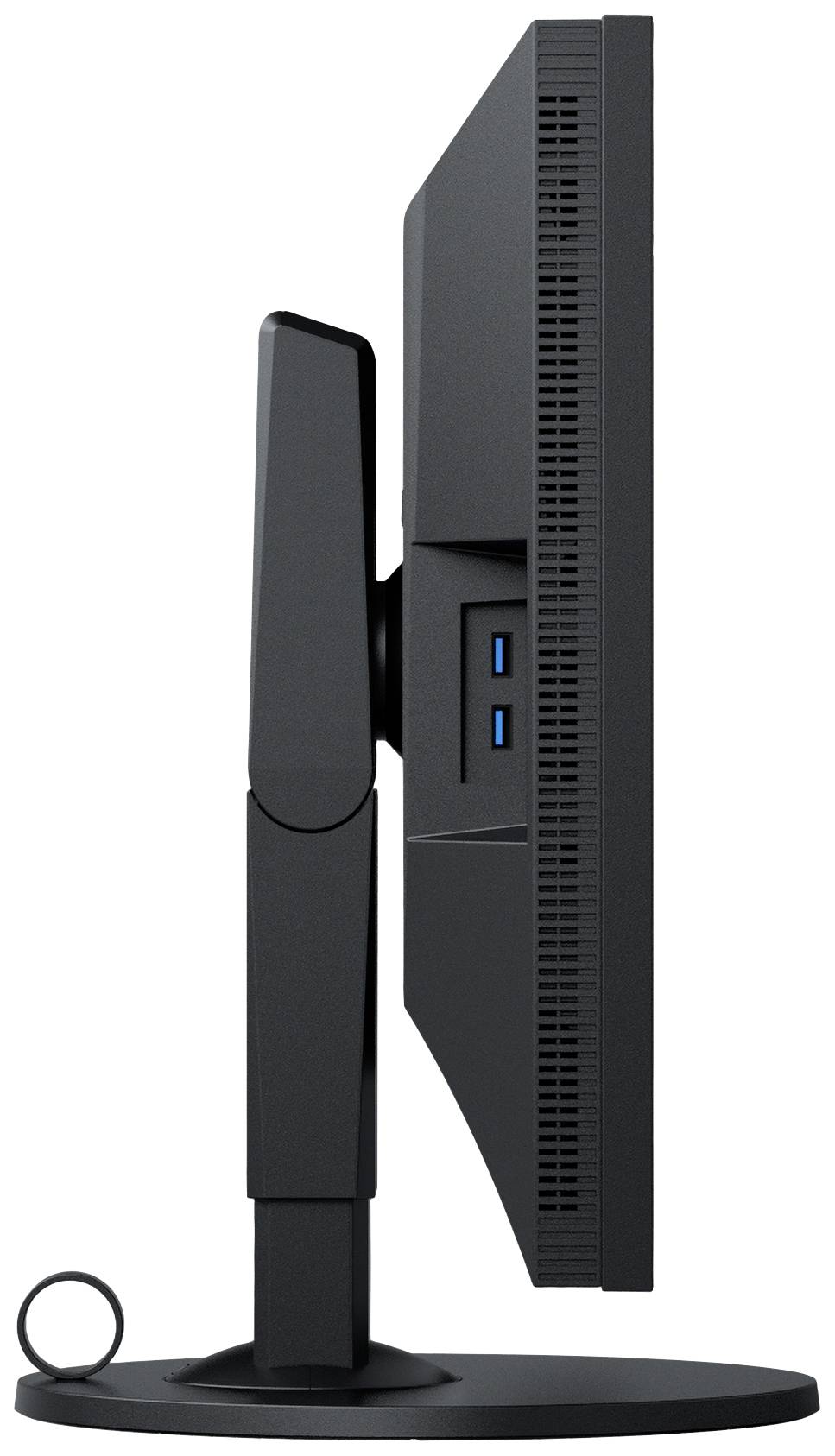 Seitliche Ansicht eines Computermonitors auf einem Ständer, zwei USB-Anschlüsse an der Seite sichtbar.