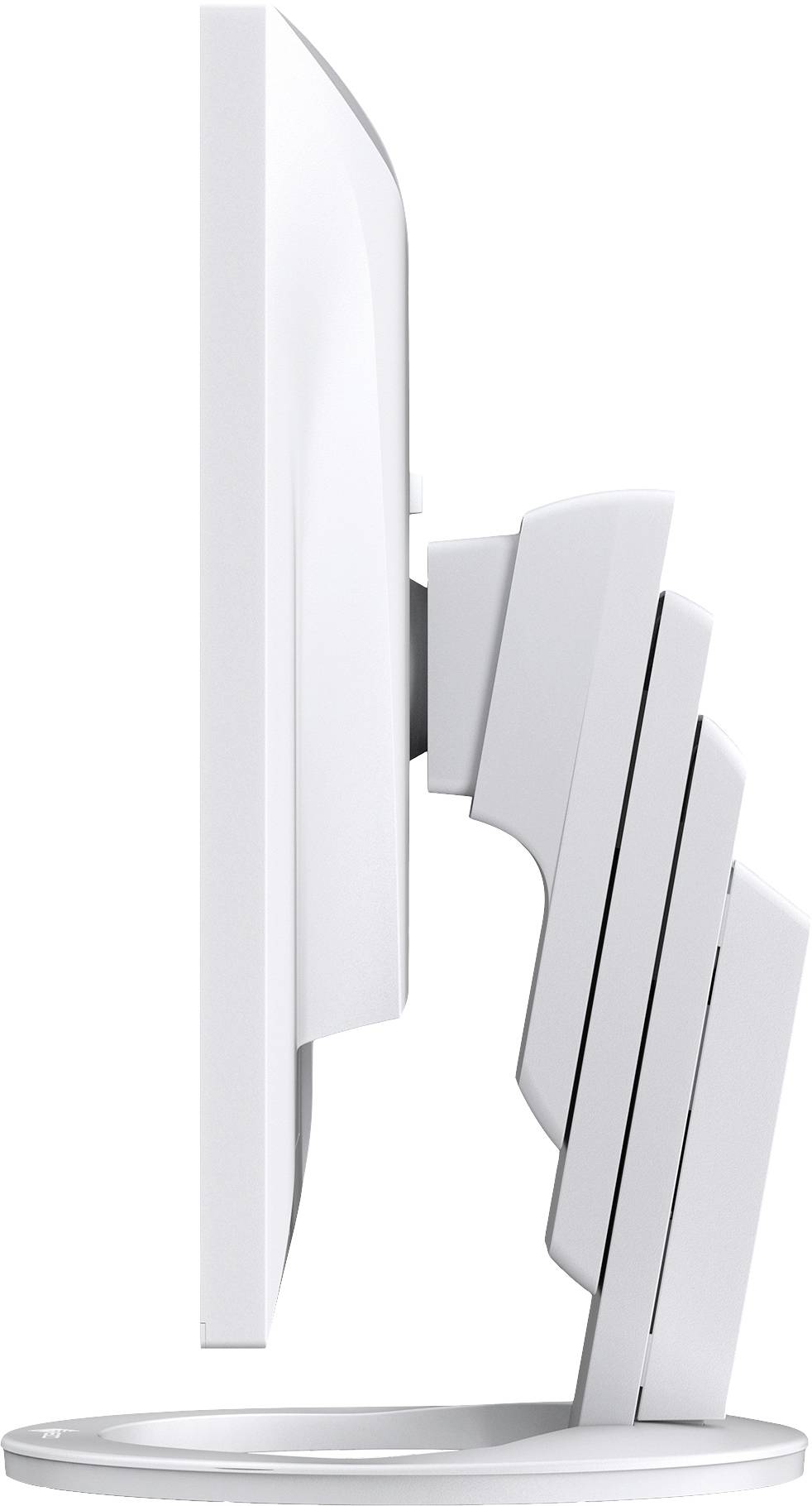 Seitliche Ansicht eines in der Höhe verstellbaren weißen Computerbildschirms auf einem runden Standfuß.