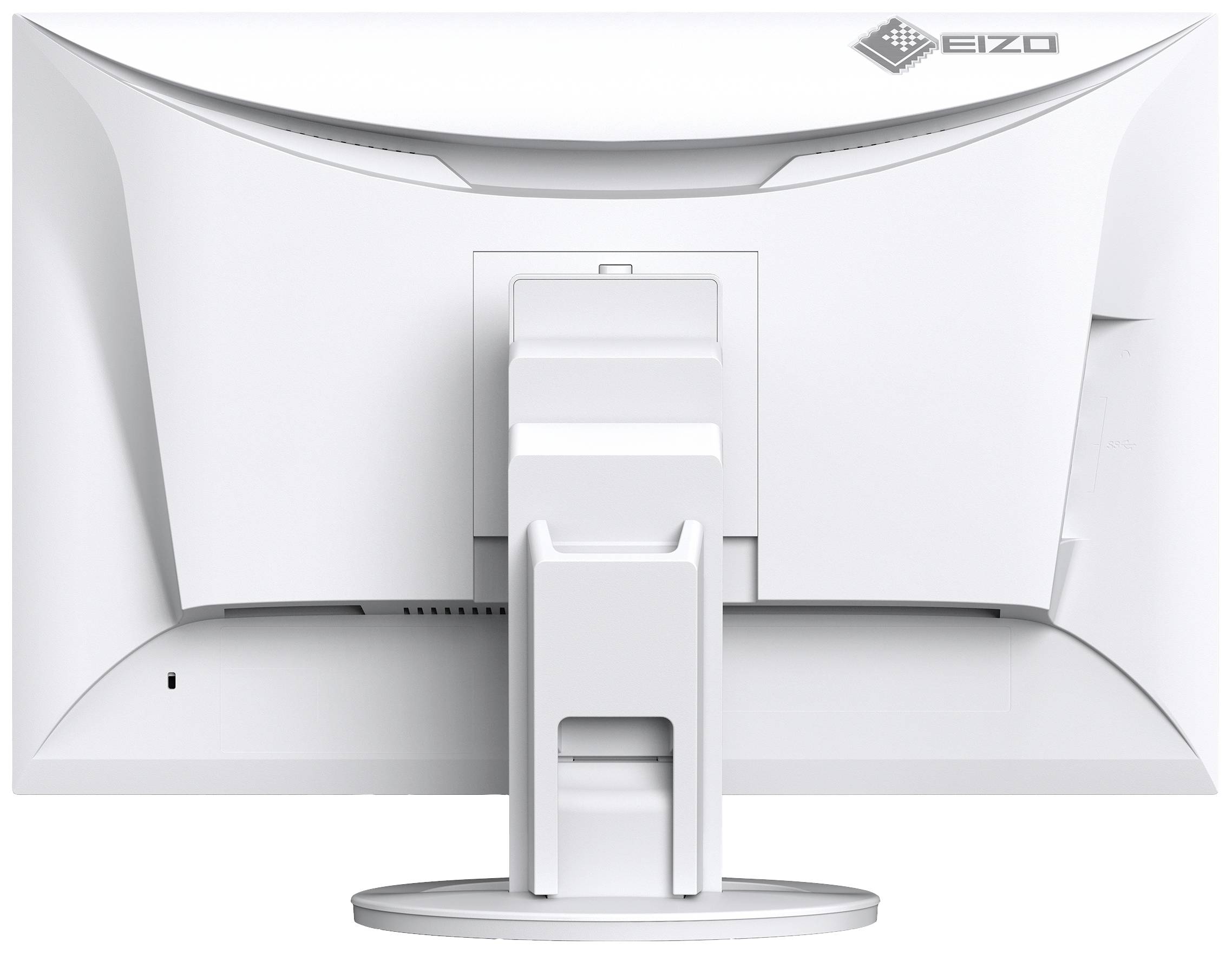 Weißer Computerbildschirm von hinten mit Standfuß. Oben rechts das Logo der Marke 'EIZO'.
