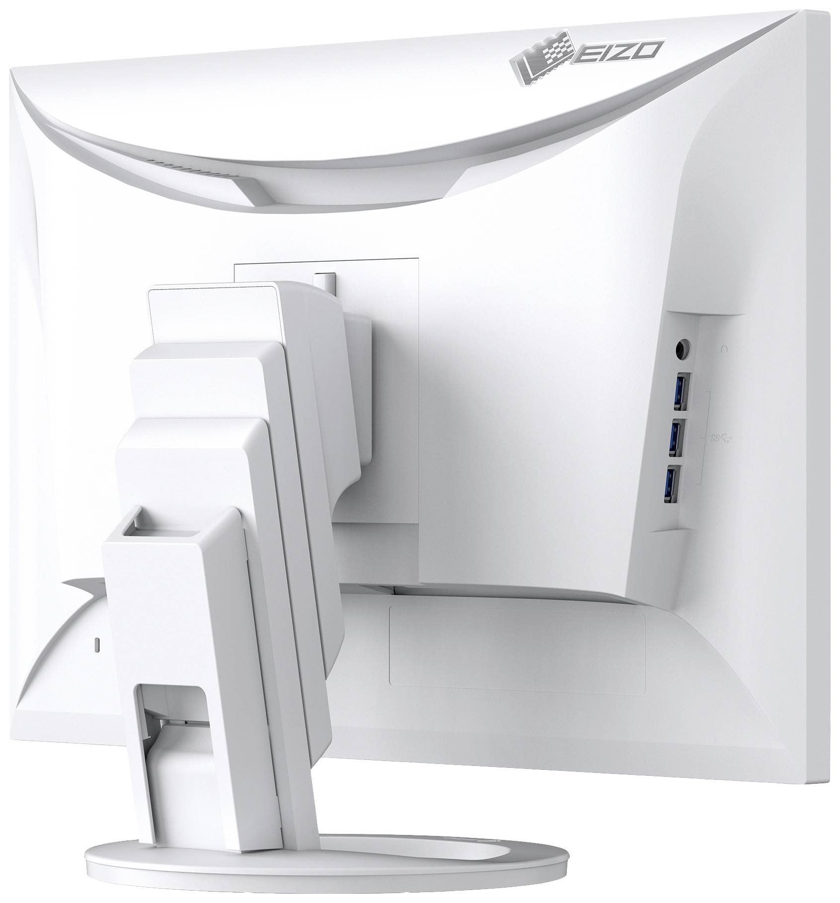 Ein weißer Computerbildschirm von hinten mit verstellbarem Standfuß und drei USB-Anschlüssen an der Seite.