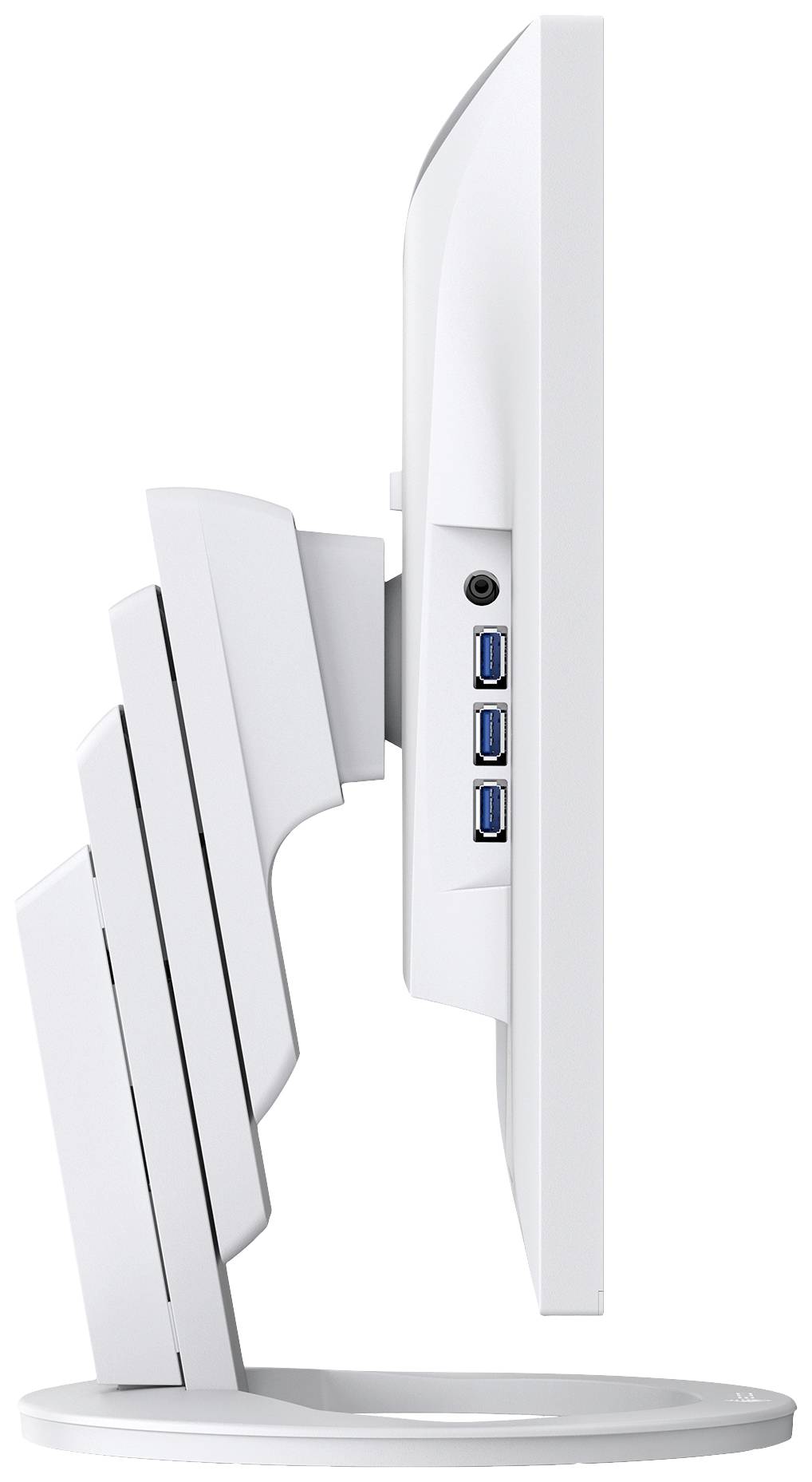 Seitliche Ansicht eines weißen Computerbildschirms mit USB-Anschlüssen an der Rückseite und einem höhenverstellbaren Standfuß.