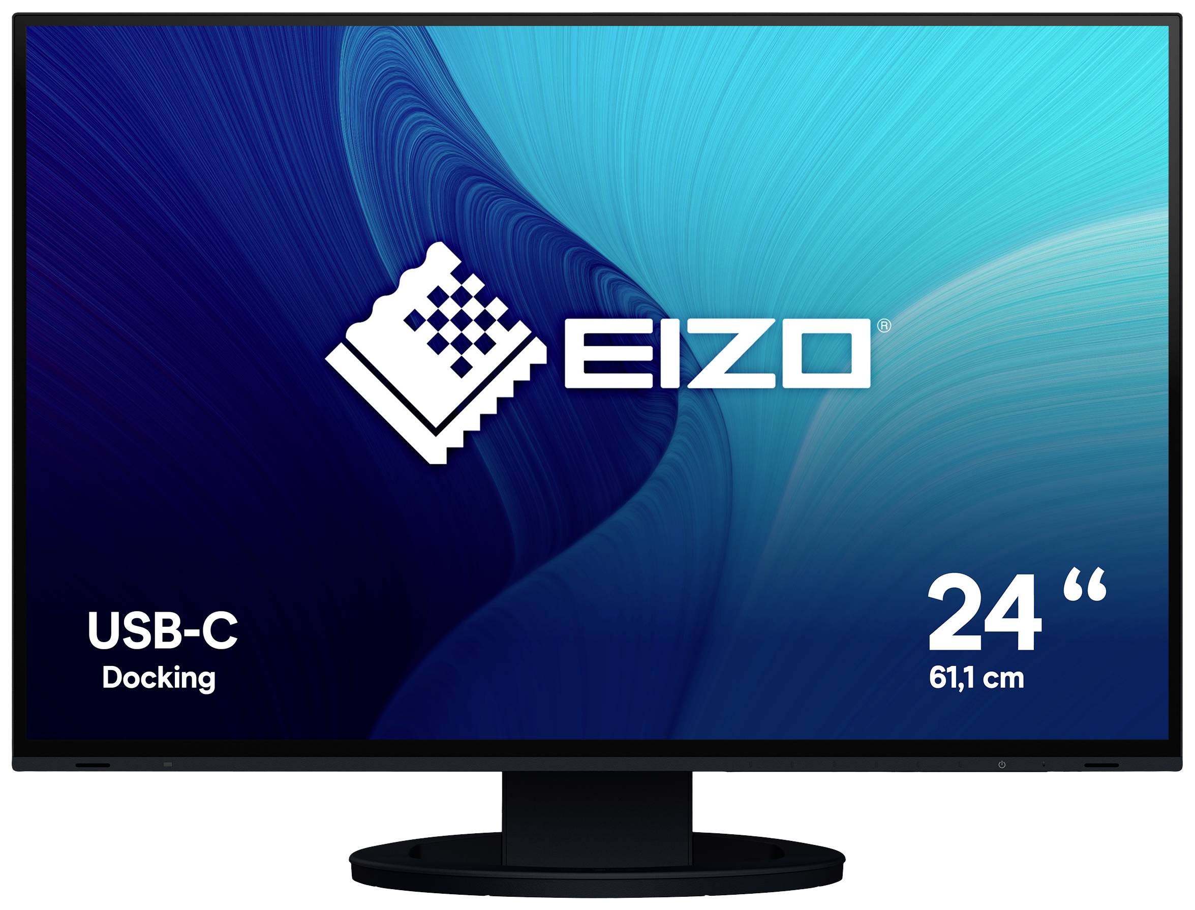 Ein Monitor von EIZO wird gezeigt. Auf dem Bildschirm steht 'EIZO', 'USB-C Docking', und '24 Zoll, 61,1 cm'. Das Display zeigt blaue Wellen.