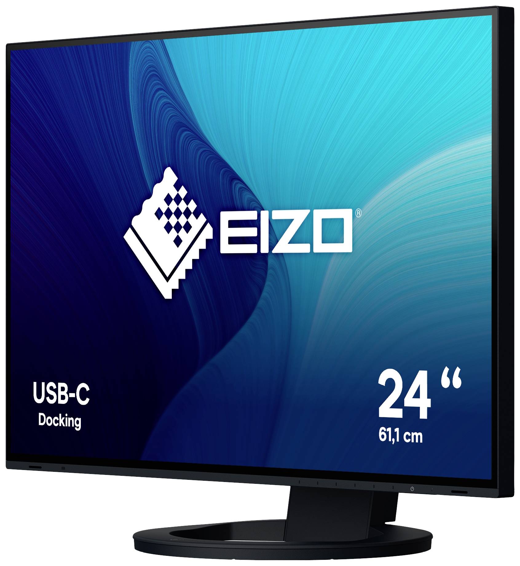 Ein Computerbildschirm mit der Aufschrift 'EIZO', zeigt 24 Zoll Größe (61,1 cm) und USB-C-Docking. Hintergrund in Blau- und Grüntönen.