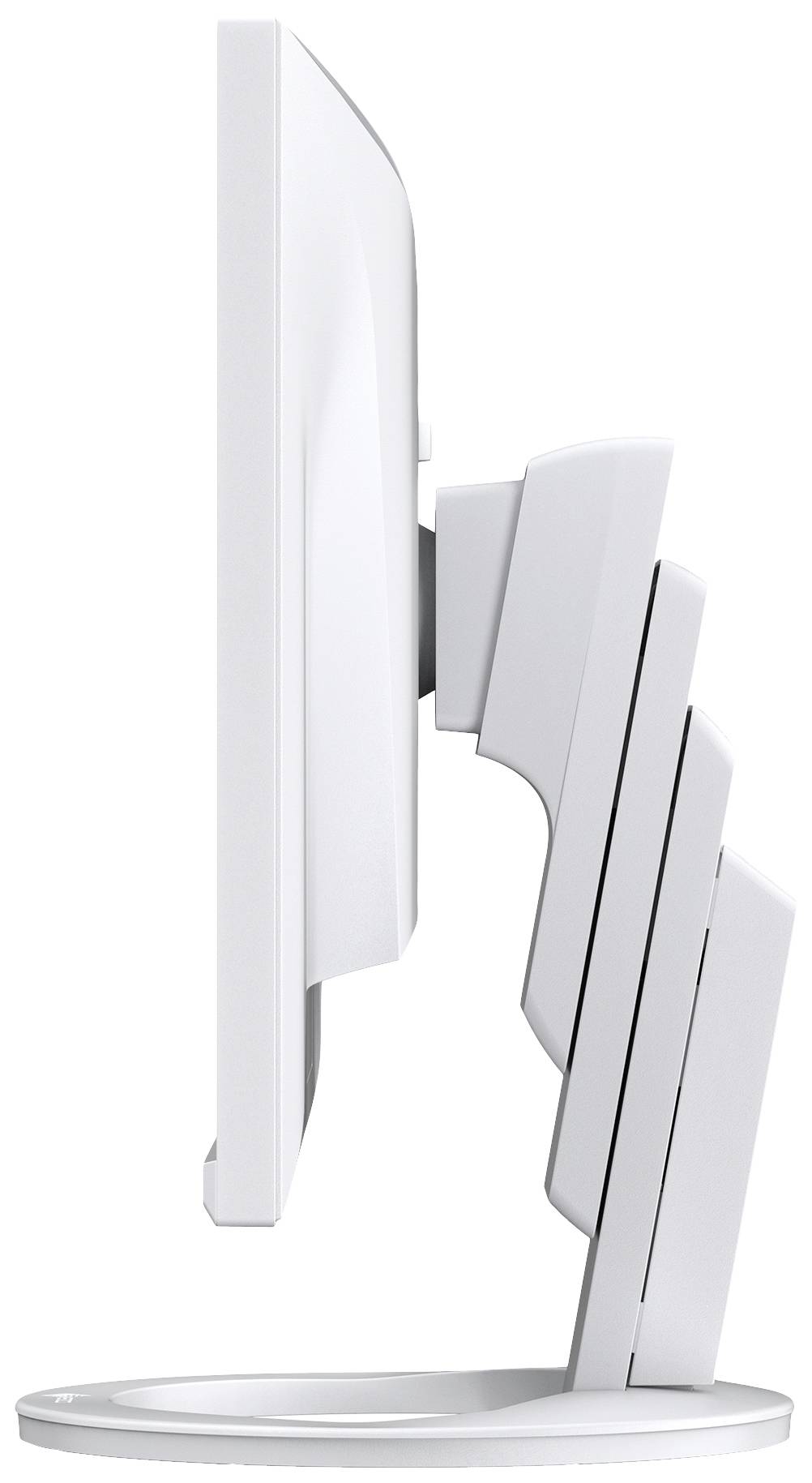 Seitenansicht eines weißen Computerbildschirms mit verstellbarem Standfuß, der seine Flexibilität und Höhenverstellbarkeit zeigt.