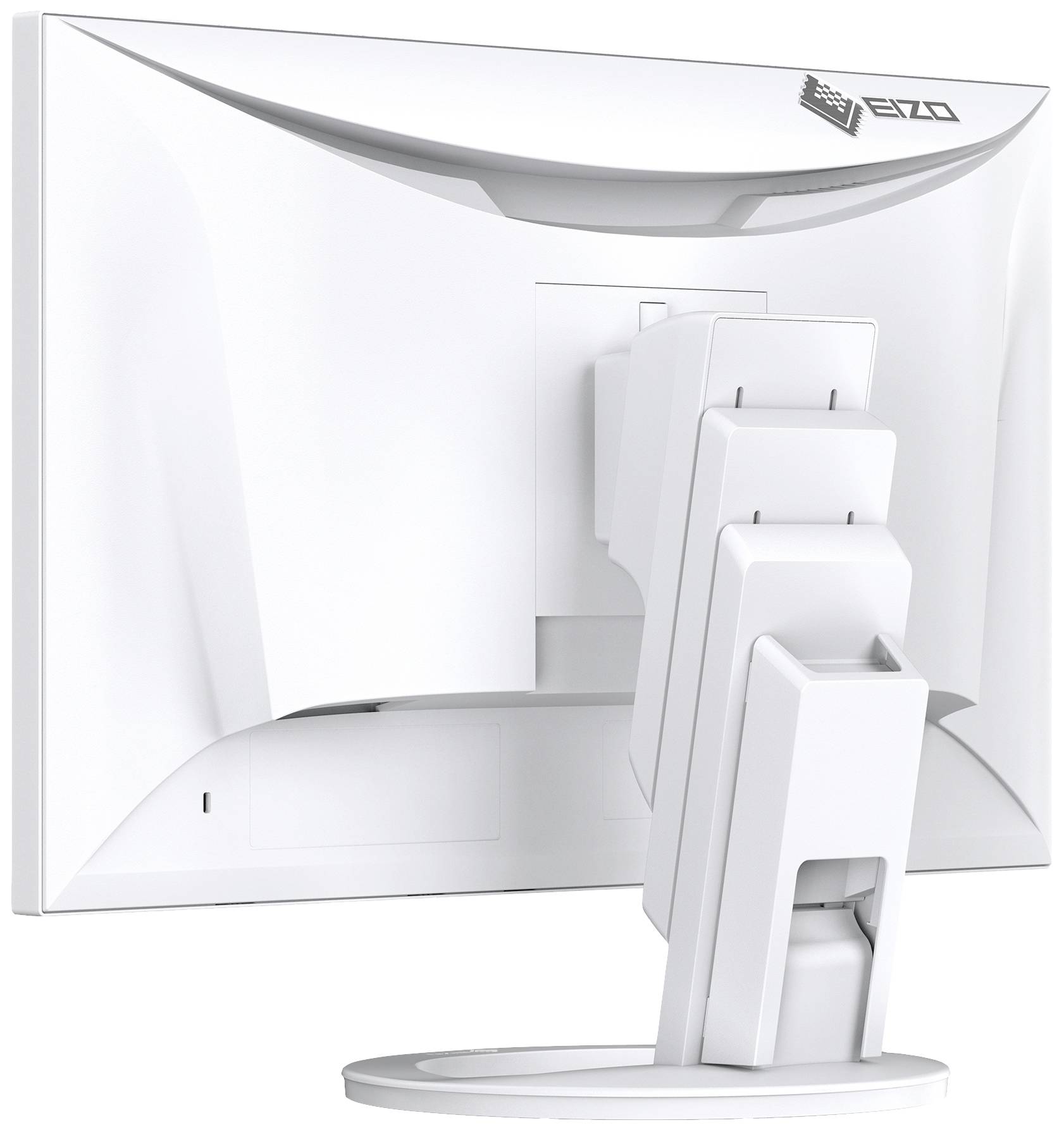 Ein weißer Computermonitor von hinten, mit verstellbarem Standfuß, zeigt schlankes Design. Markenlogo oben rechts sichtbar.
