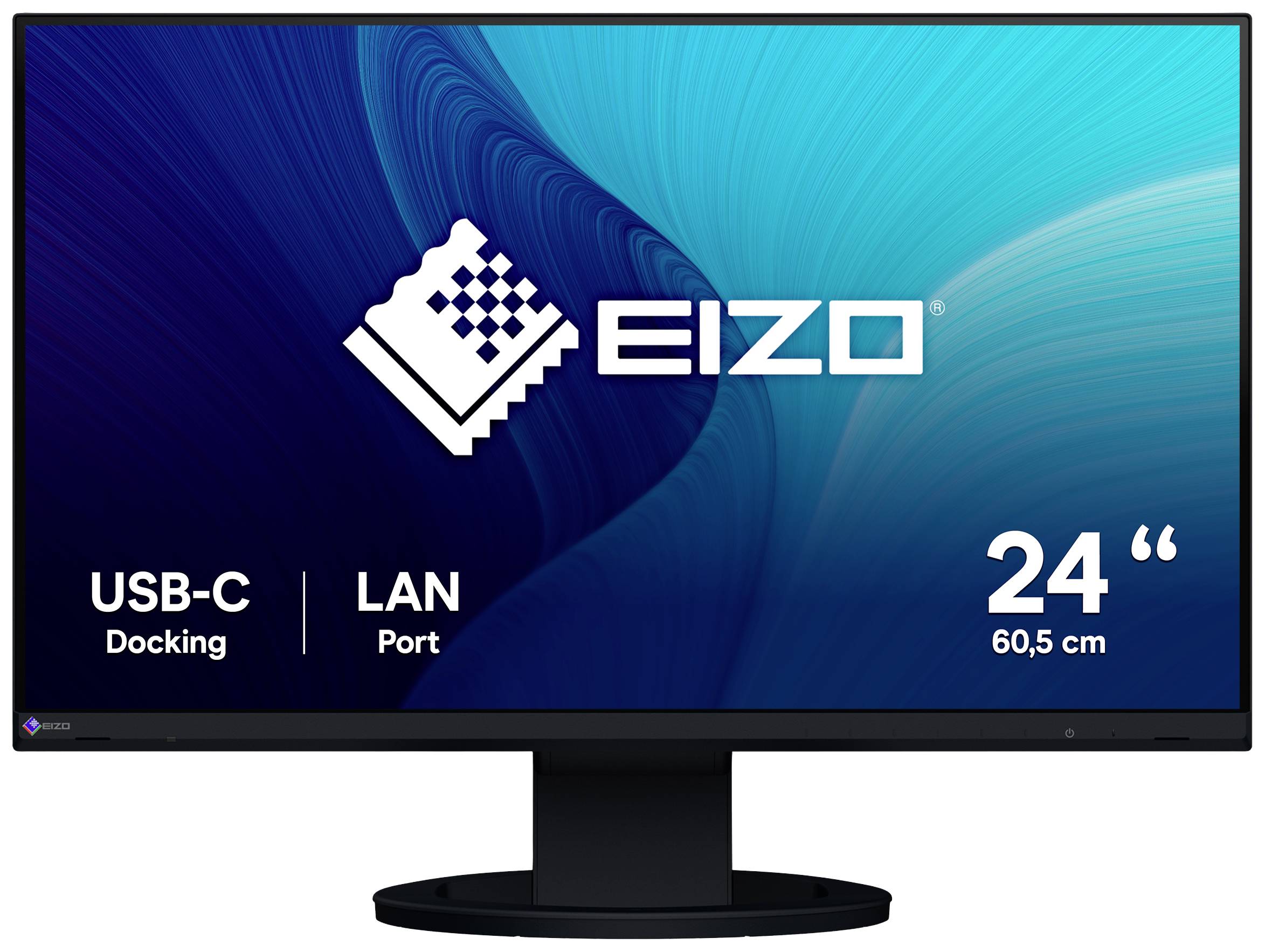 Ein 24-Zoll-Monitor von EIZO mit USB-C-Docking und LAN-Port, Bildschirmdiagonale 60,5 cm.