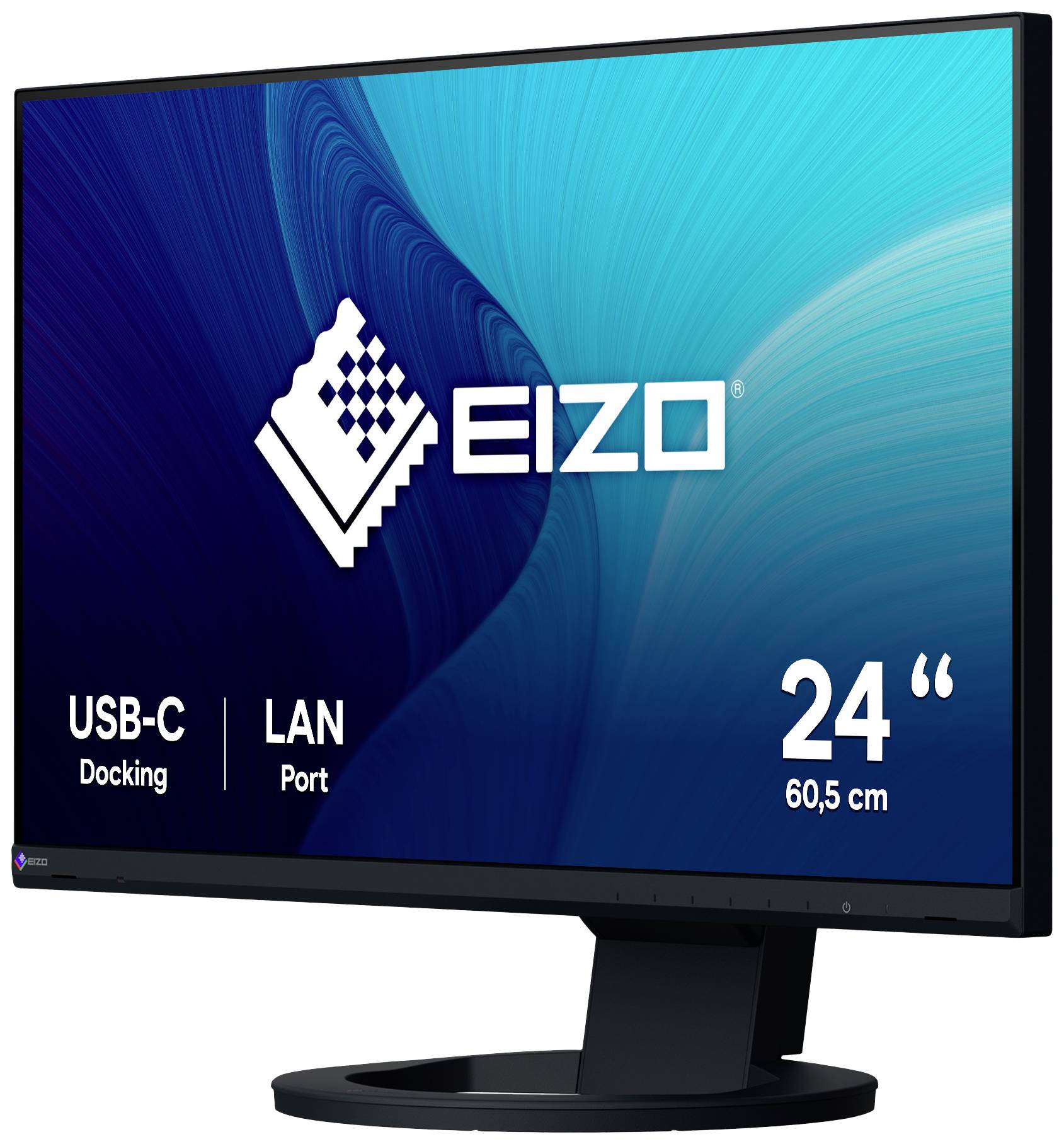 Ein schwarzer EIZO-Monitor mit 24 Zoll (60,5 cm) Bildschirmdiagonale, HDMI- und USB-C-Docking, LAN-Port, auf schwarzem Standfuß.