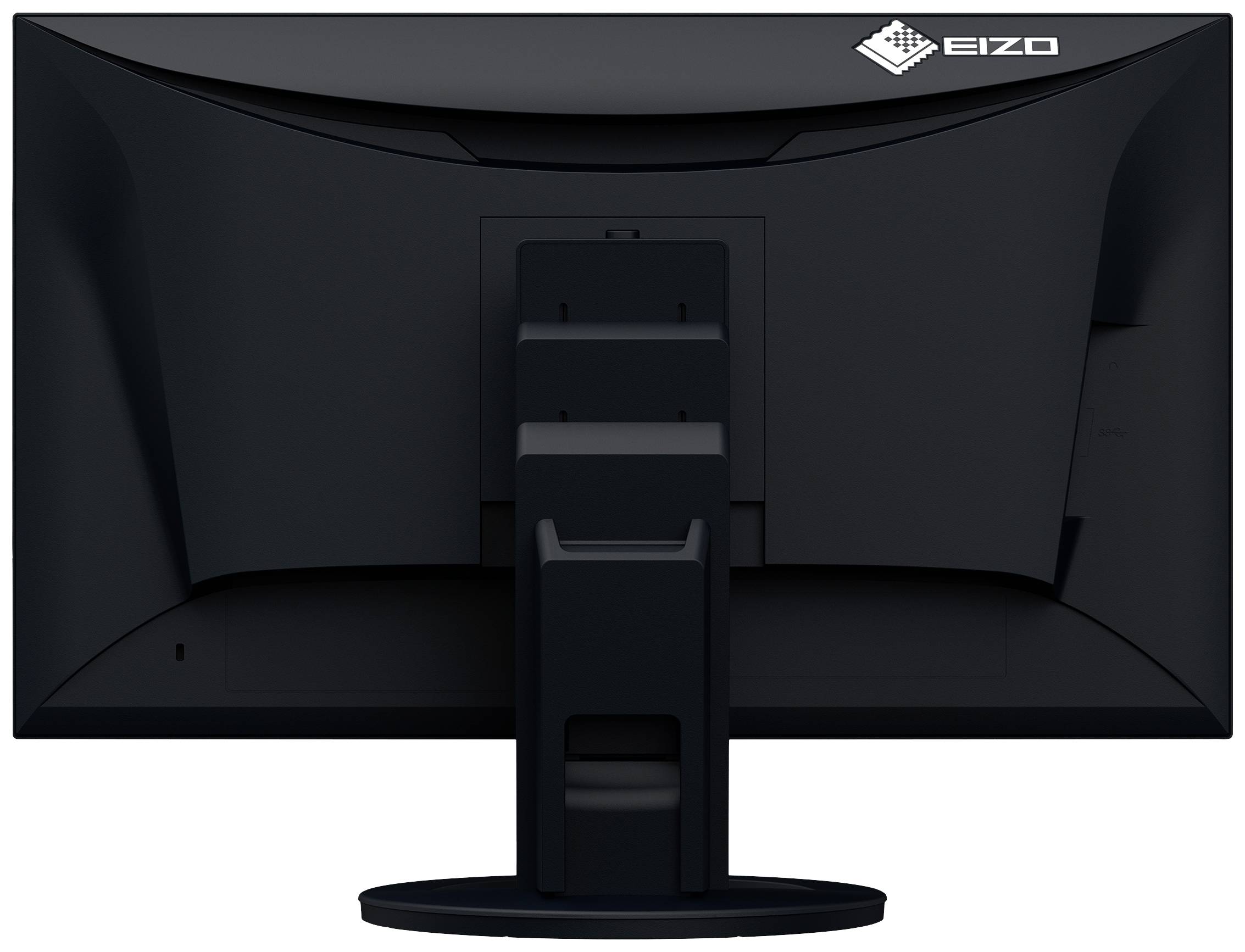 Ein schwarzer Computermonitor von hinten, auf einem Standfuß montiert, Markenzeichen 'EIZO' oben rechts.