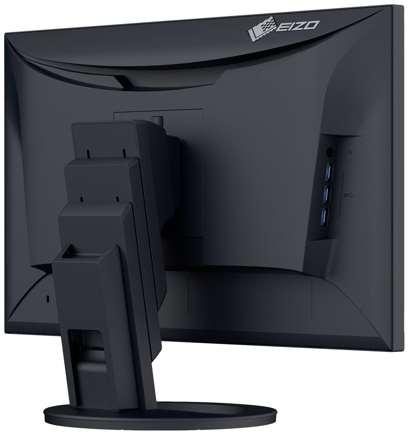 Rückseite eines Computers, Darstellung der Anschlüsse an der Seite des Monitors.