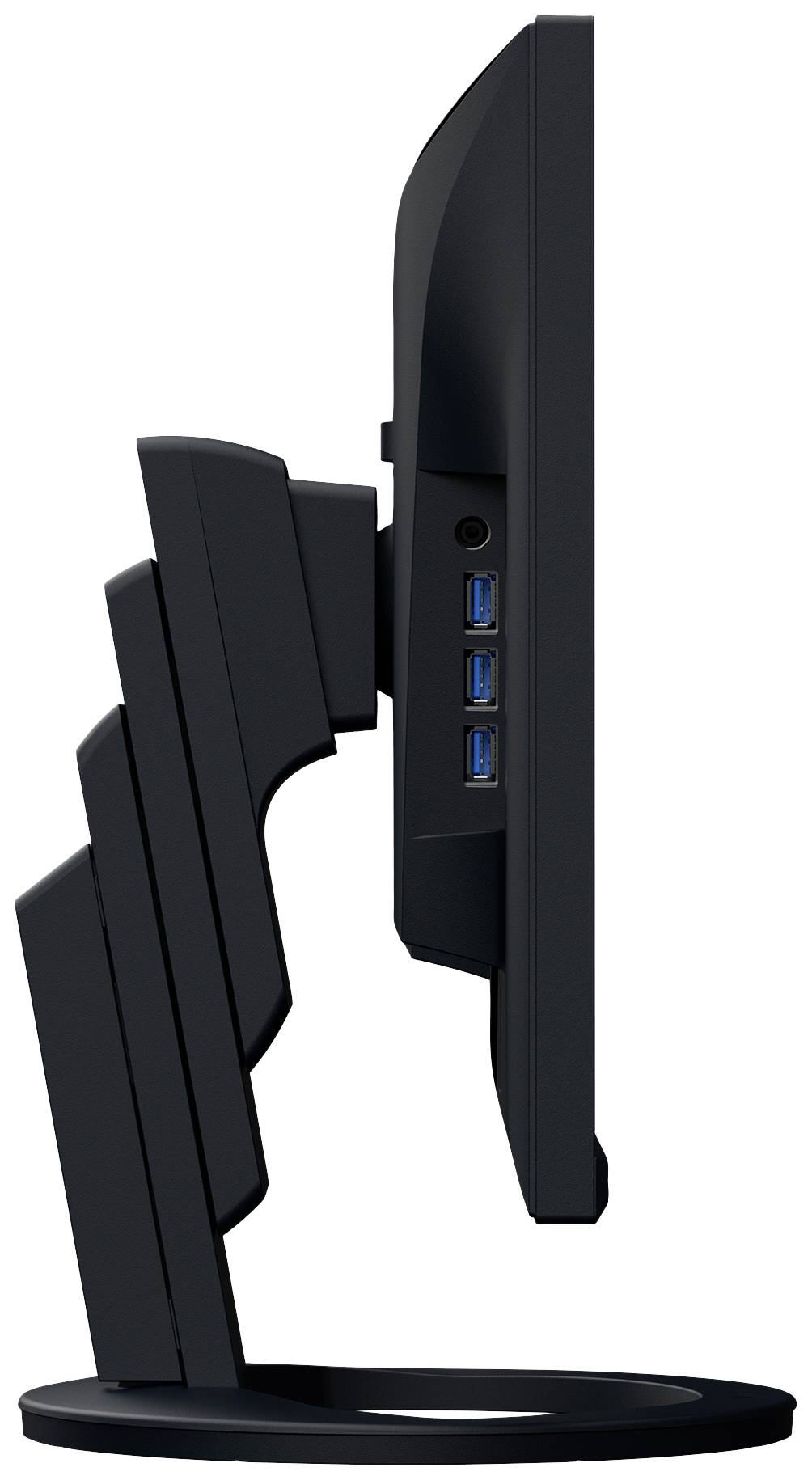 Ein schwarzer Computermonitor von der Seite, mit sichtbaren Einstellfunktionen und drei blauen USB-Ports an der Seite des Bildschirms.