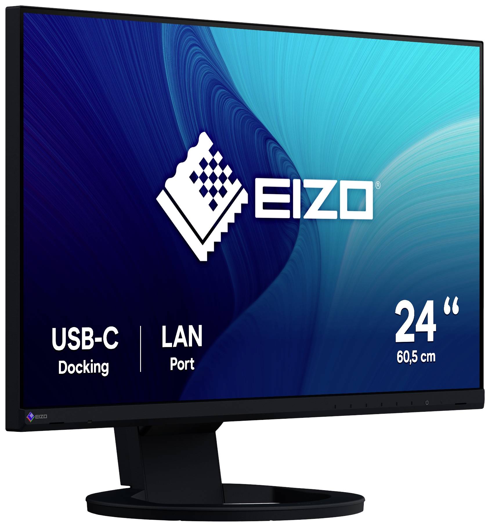 Ein Computerbildschirm mit der Aufschrift 'Eizo', USB-C-Docking- und LAN-Anschlussmöglichkeiten, Bildschirmgröße 24 Zoll (60,5 cm).