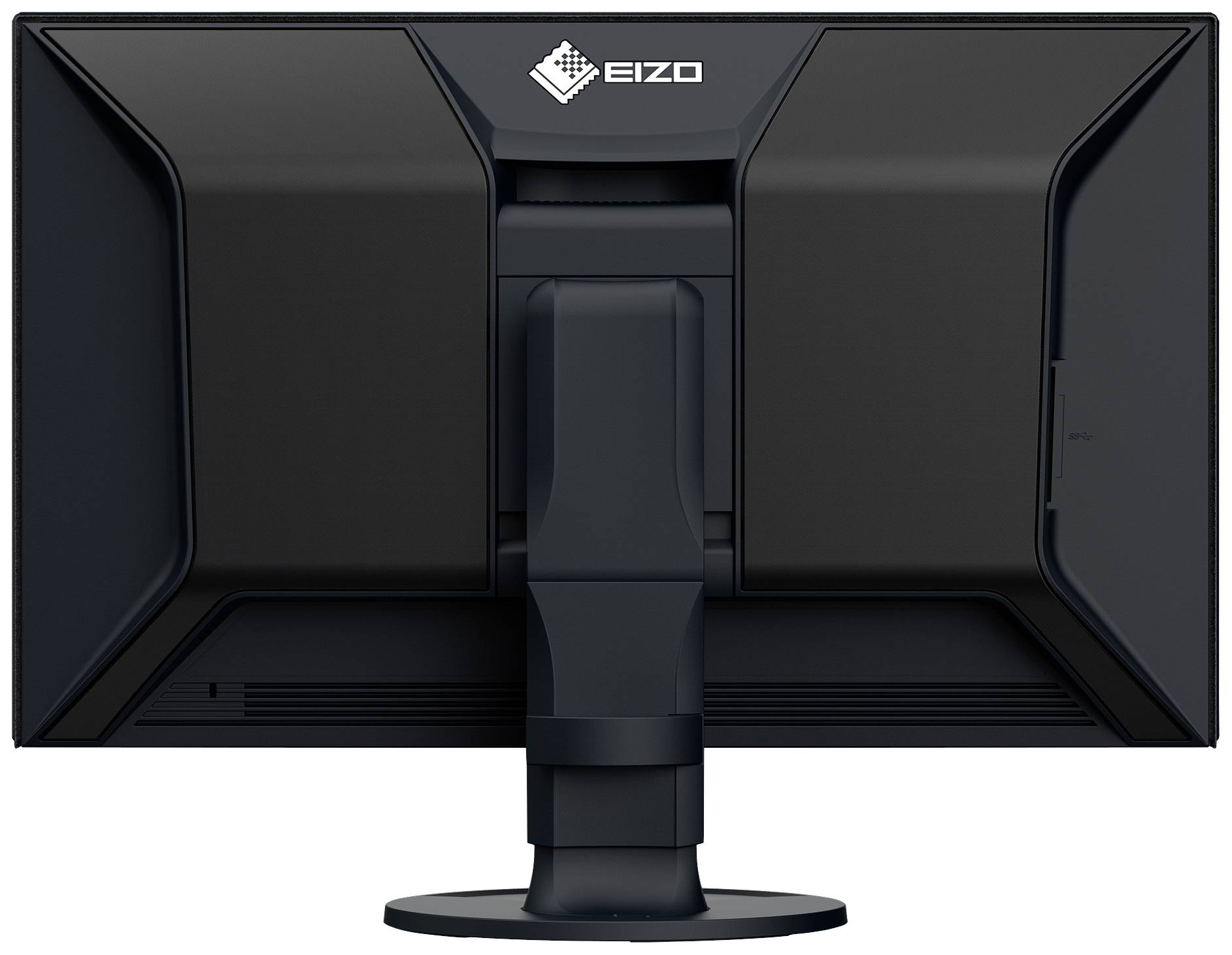 Ein schwarzgrauer Computermonitor von hinten, mit einem stabilen Standfuß und verstellbarer Höhe. Markierung 'EIZO' oben.
