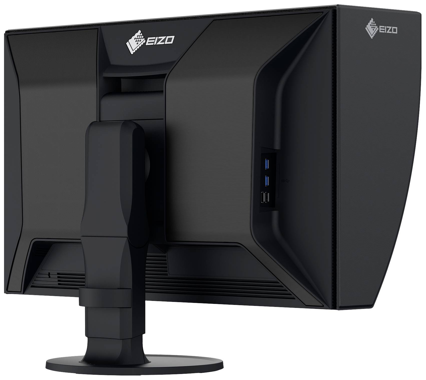 Schwarzer Computerbildschirm von hinten mit sichtbaren Markenlogos und Anschlussmöglichkeiten an der Seite des Standfußes.