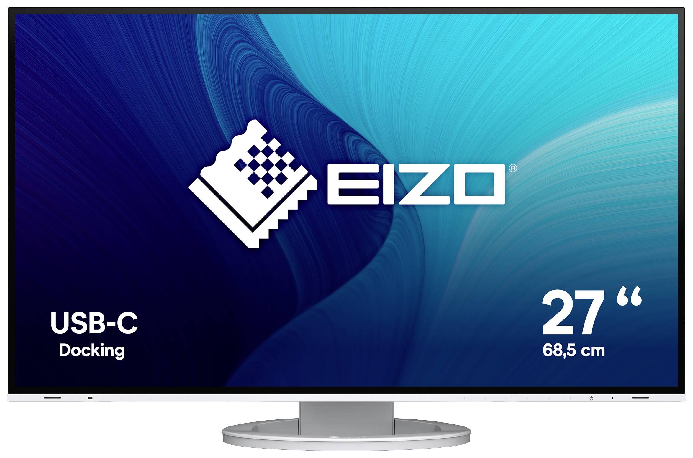 Ein 27-Zoll-Monitor von EIZO mit USB-C-Docking-Funktion. Auf dem Bildschirm ist der EIZO-Logo vor einem blauen Hintergrund sichtbar.