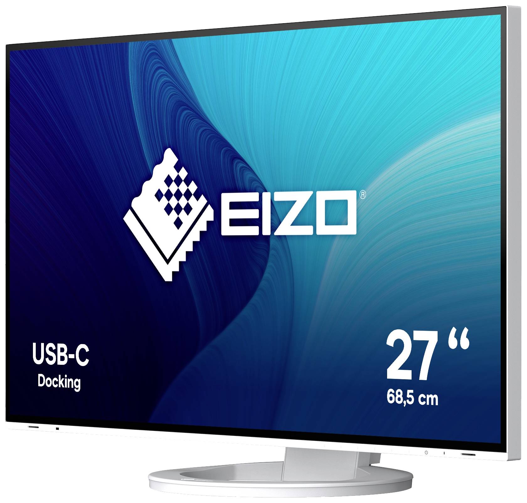 Ein Computerbildschirm mit dem Logo 'EIZO' und der Beschriftung 'USB-C Docking'. Bildschirmgröße: 27 Zoll, 68,5 cm.