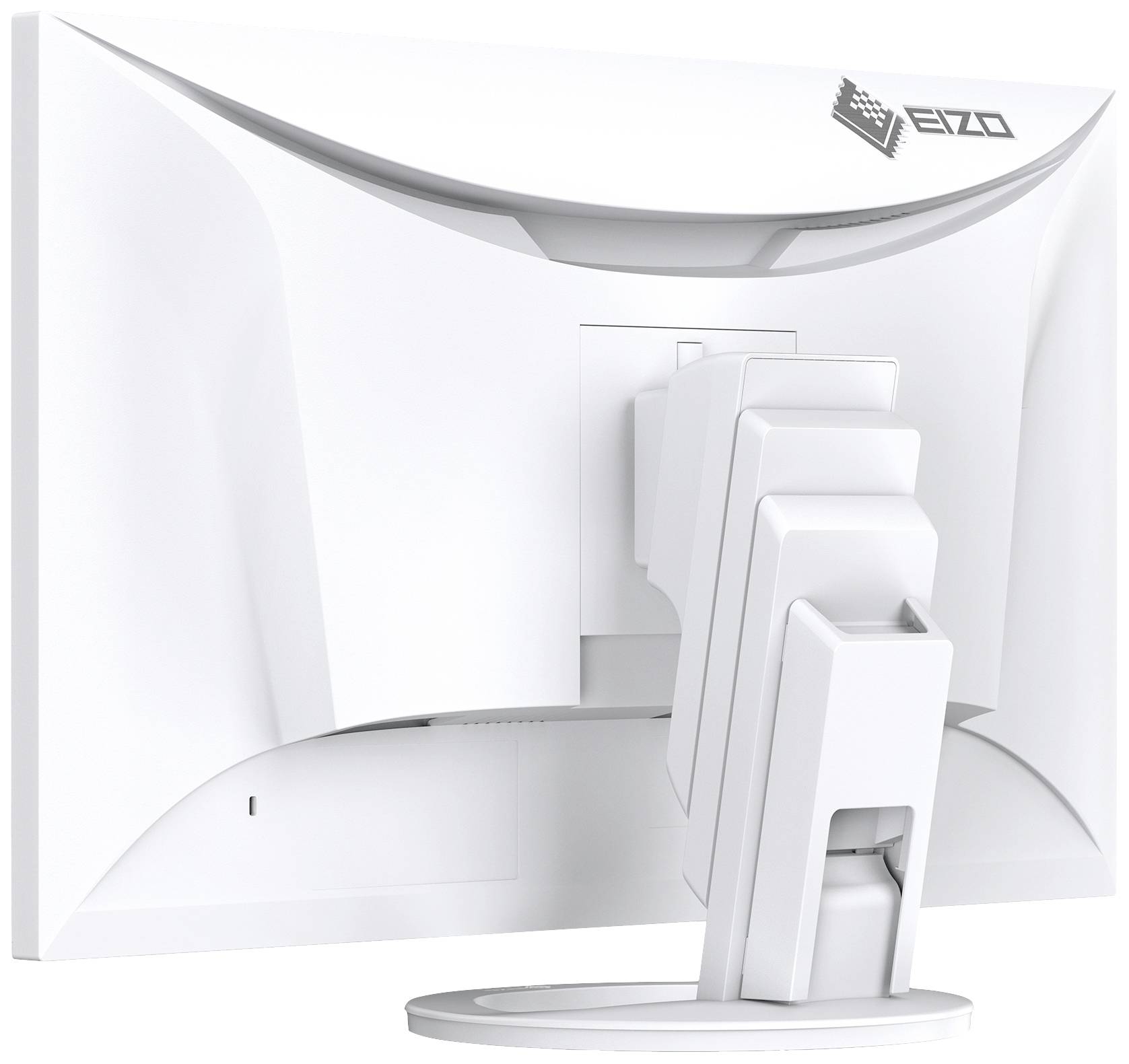 Ein weißer Computermonitor von hinten, auf einem runden Standfuß montiert, mit dem Markenlogo sichtbar oben rechts.