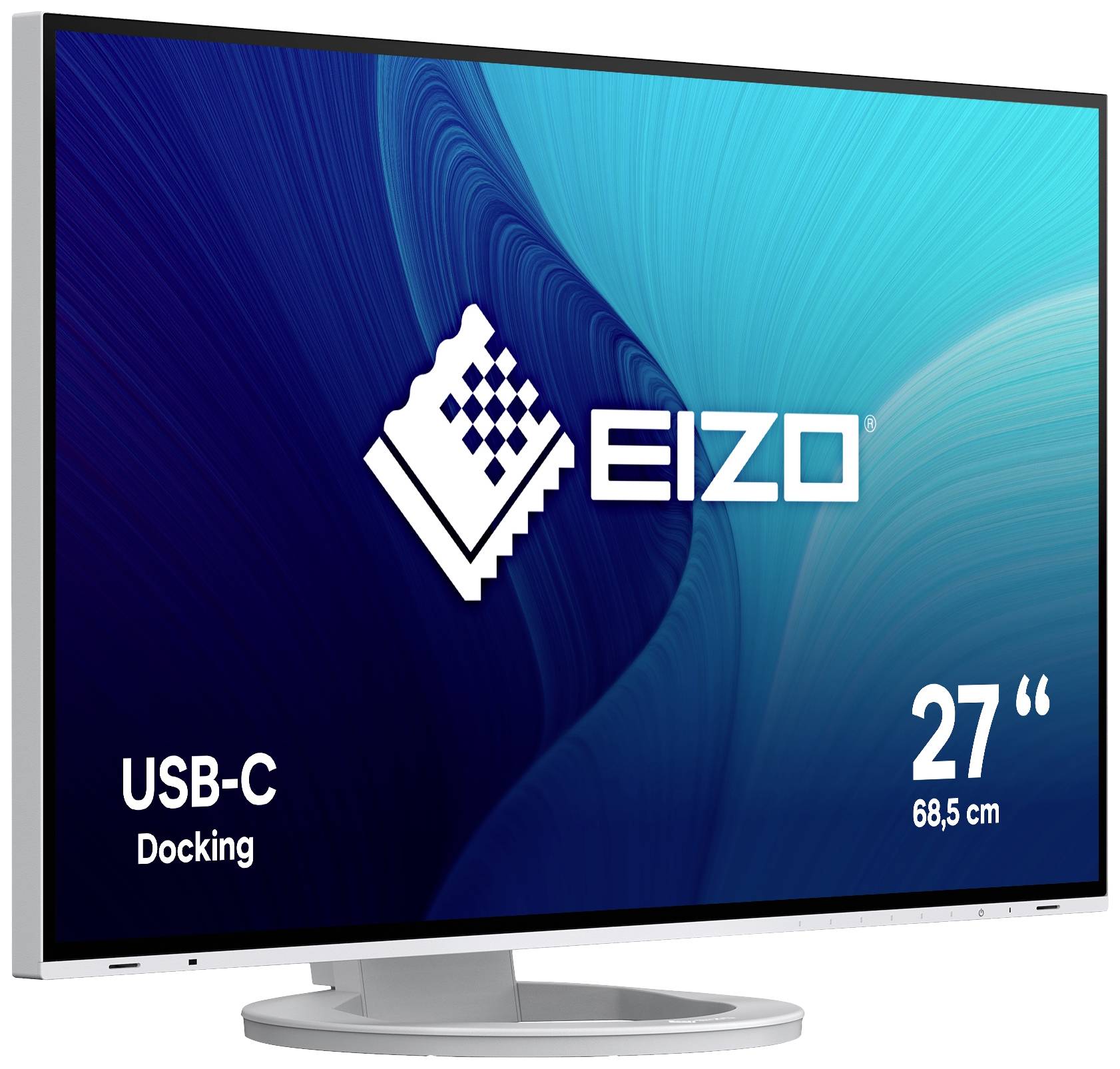 Ein EIZO-Monitor mit 27-Zoll (68,5 cm) Bildschirmgröße und USB-C-Docking-Funktion, Anzeige mit blauem Hintergrund und Firmenlogo.