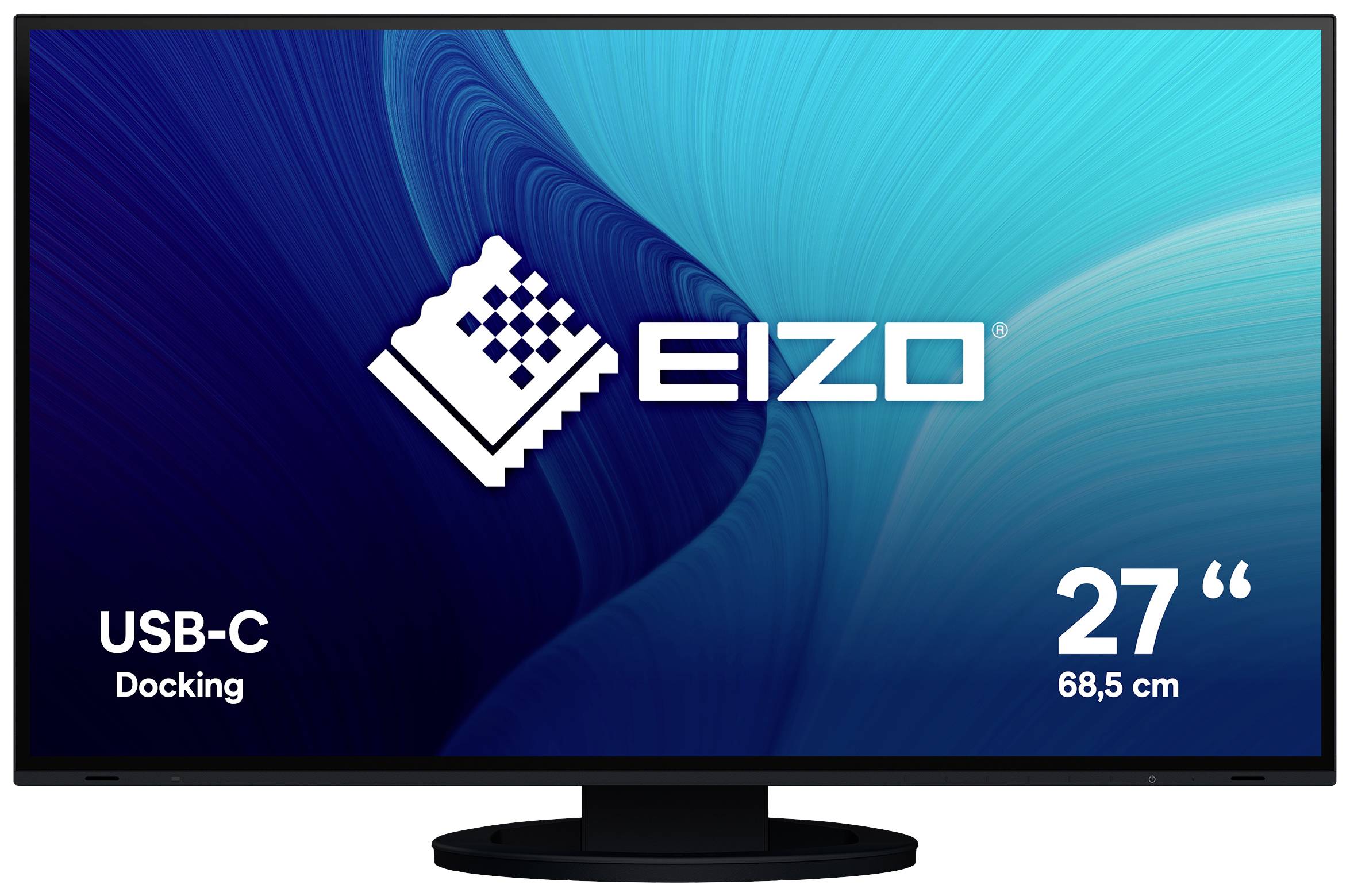 '27 Zoll Eizo Monitor mit USB-C Docking' steht auf einem Bildschirm gegen einen blauen Hintergrund.