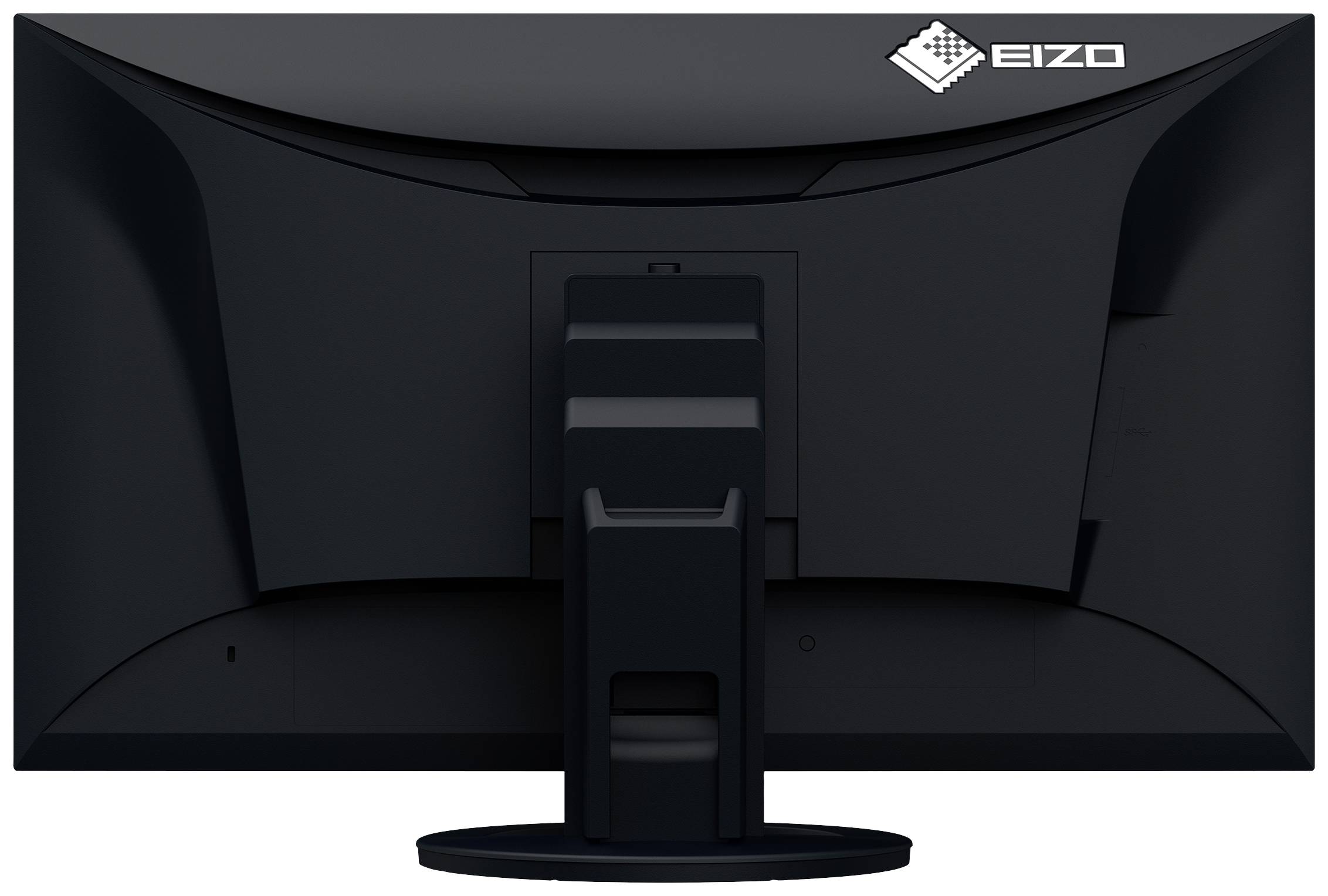 Ein schwarzer Computermonitor von hinten mit verstellbarem Standfuß und Logo oben rechts.