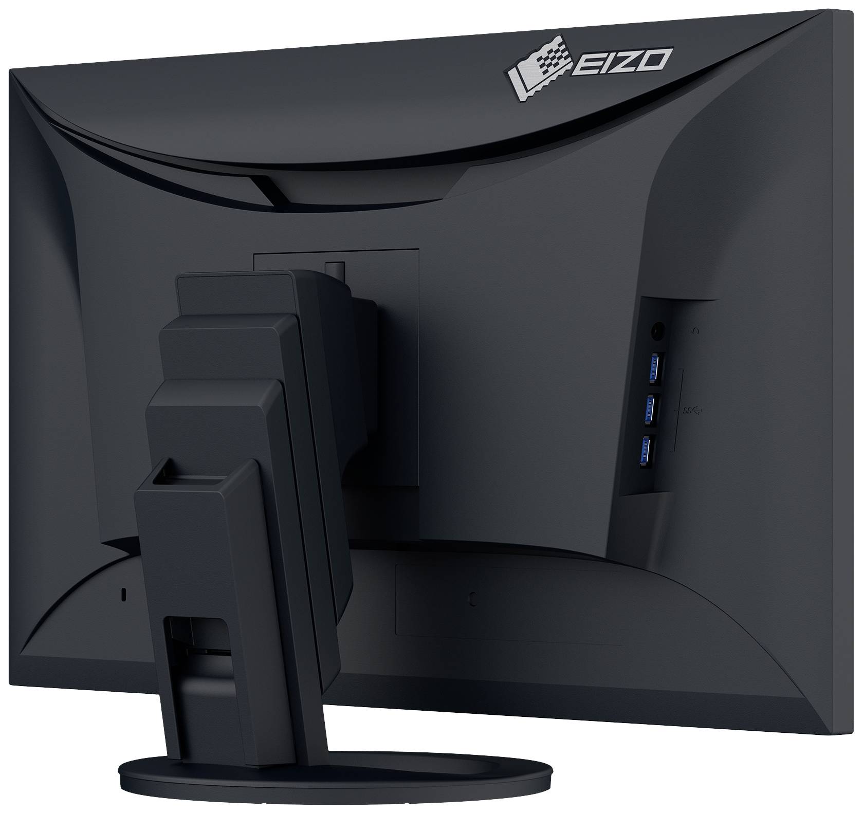 Ein schwarzer Eizo-Monitor von hinten, zeigt den verstellbaren Standfuß und zwei USB-Anschlüsse seitlich.