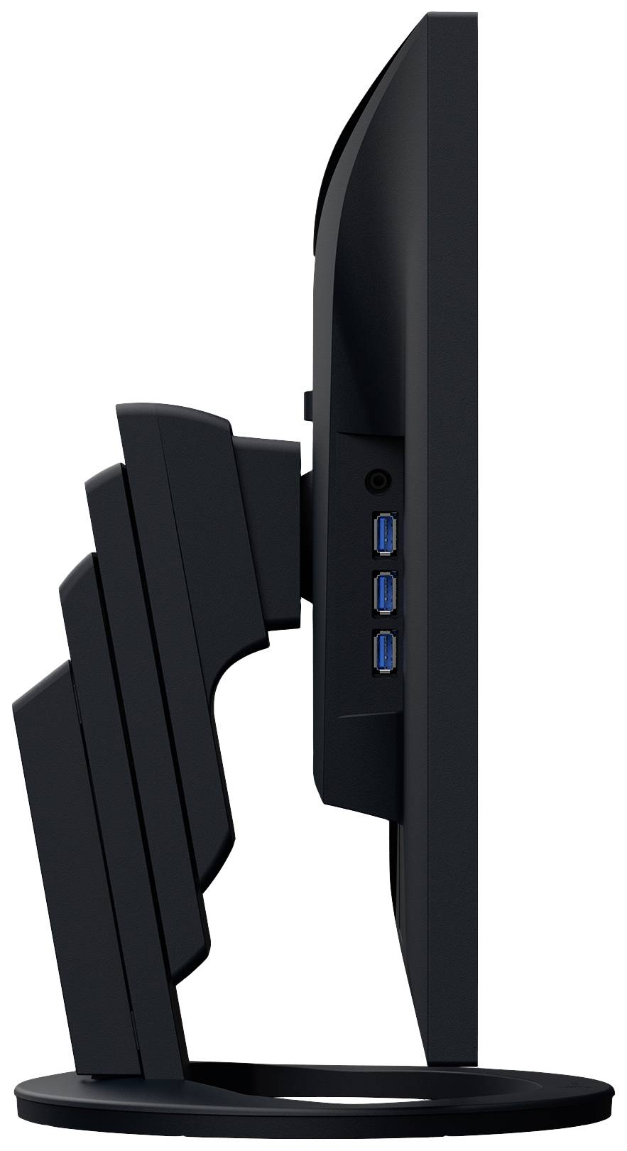Schlanker Computerbildschirm in Seitenansicht, zeigt verstellbare Halterung und drei USB-Anschlüsse auf der Rückseite.