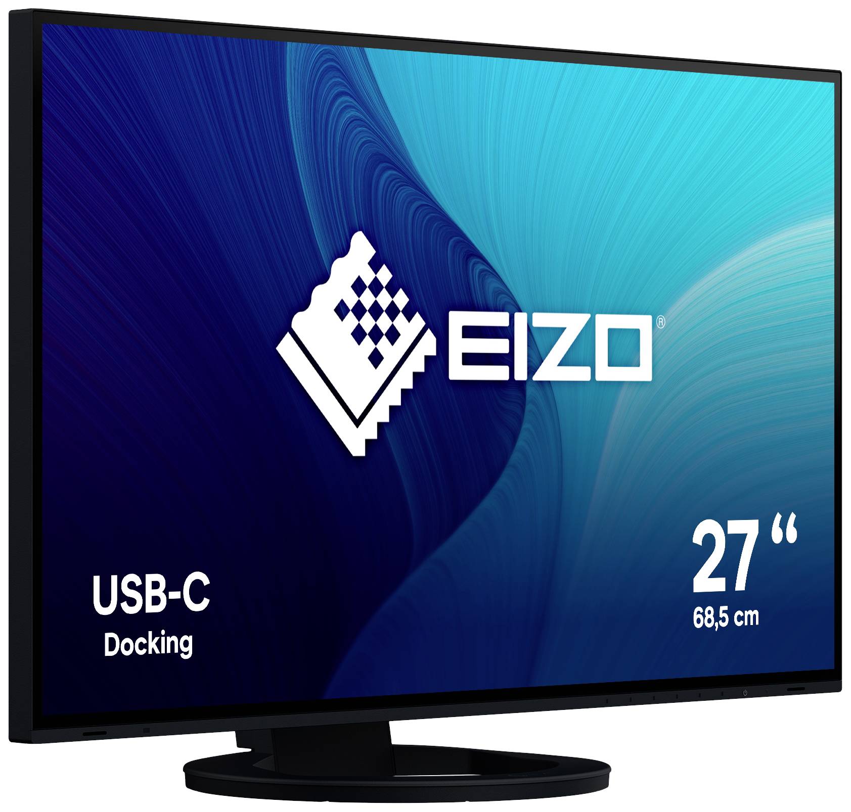 Ein EIZO-Monitor mit USB-C-Docking-Funktion, Bildschirmgröße 27 Zoll (68,5 cm), auf einem schwarzen Standfuß vor blauem Hintergrund.
