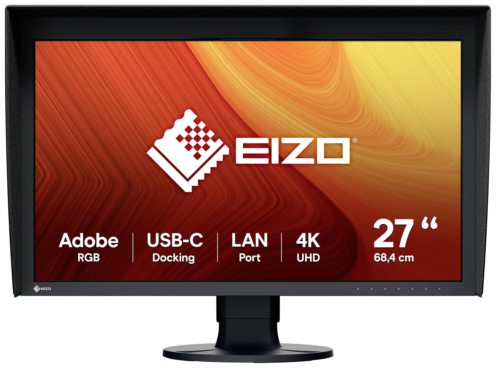 Ein EIZO-Monitor zeigt 'Adobe RGB', 'USB-C Docking', 'LAN Port', '4K UHD' und '27 Zoll' auf einem farbigen Hintergrund.