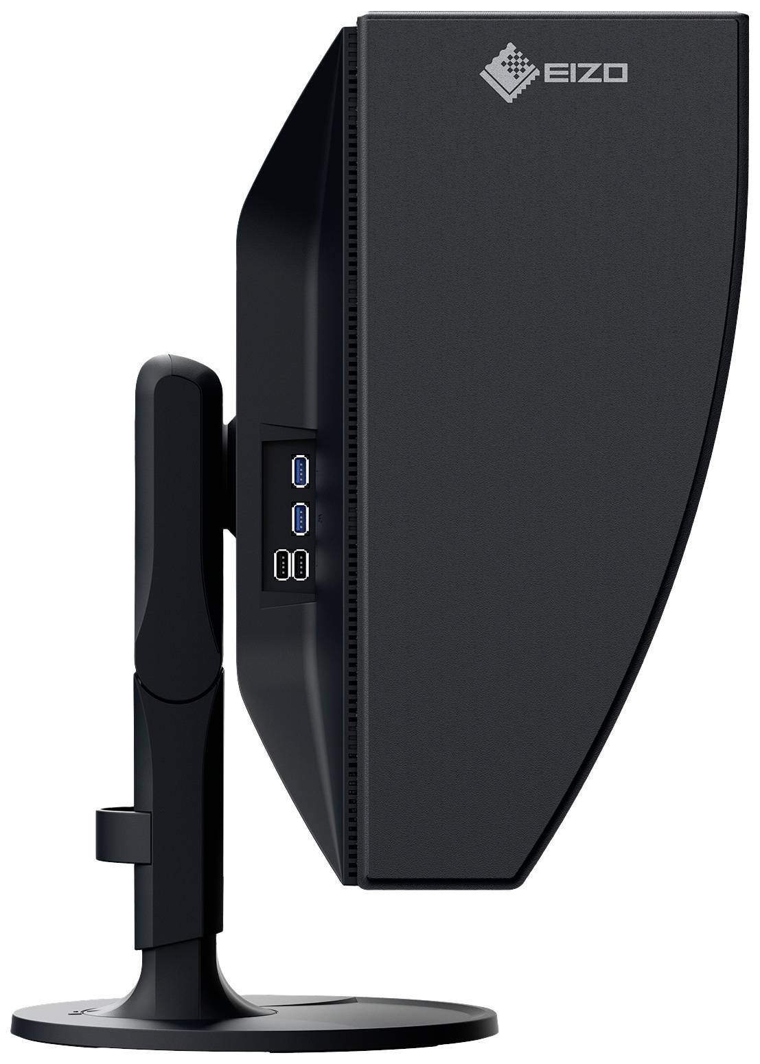 Ein Monitor von der Seite mit schlankem, schwarzem Design und mehreren USB-Anschlüssen.