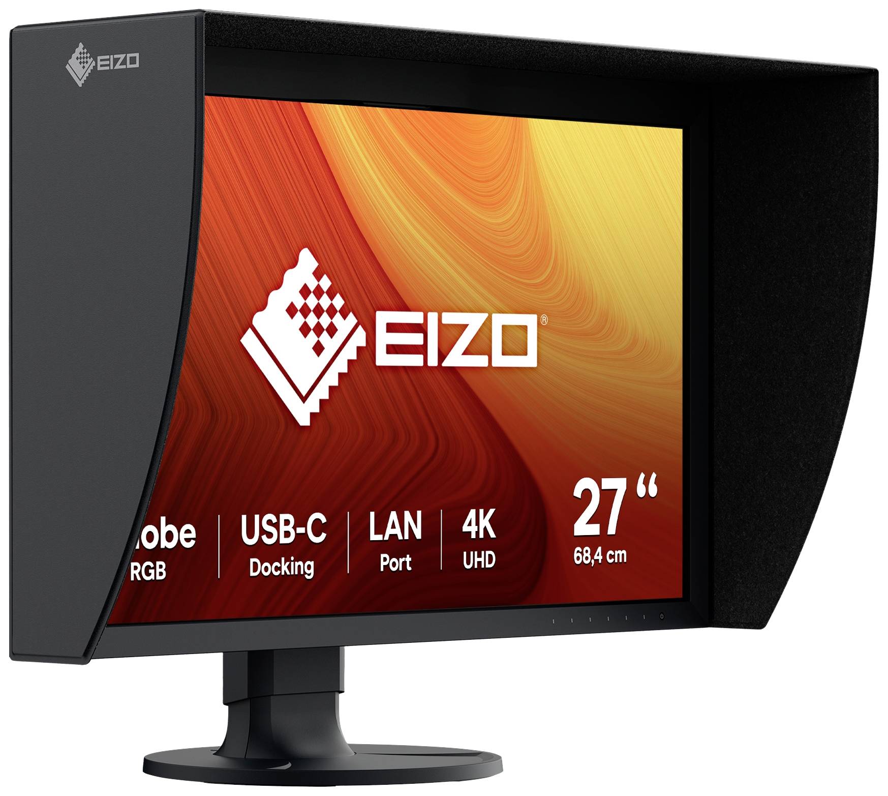 Ein schwarzer EIZO-Monitor mit Bildschirmhaube zeigt ein orange-rotes Display mit der Aufschrift 'Adobe RGB', 'USB-C Docking', 'LAN Port', '4K UHD', '27