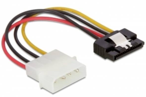 Adapterkabel mit weißem 4-poligem Molex-Stecker auf schwarzem SATA-Stecker, mit roten, schwarzen und gelben Kabeln dazwischen.