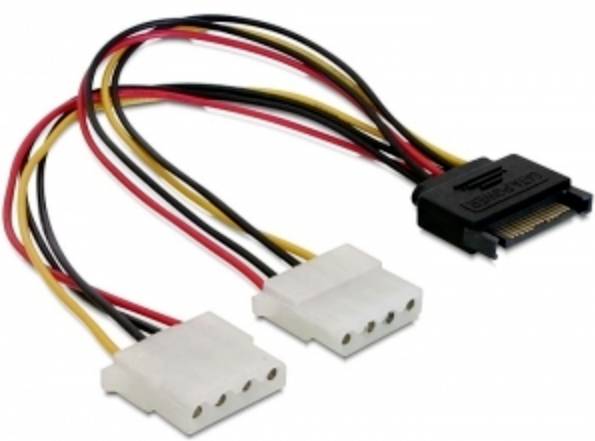 Ein SATA-auf-Dual-Molex-Stromkabeladapter mit einem schwarzen SATA-Stecker und zwei weißen Molex-Steckern mit roten, schwarzen und gelben Kabeln.