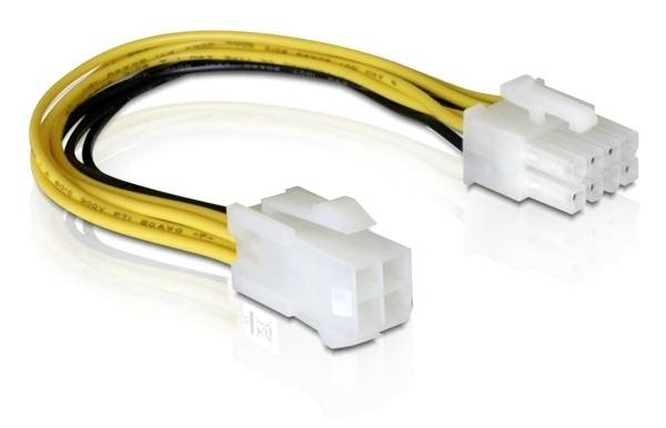 Gelbes und schwarzes PCIe-Stromkabel mit zwei weißen Steckern für den Anschluss an Computerhardware.