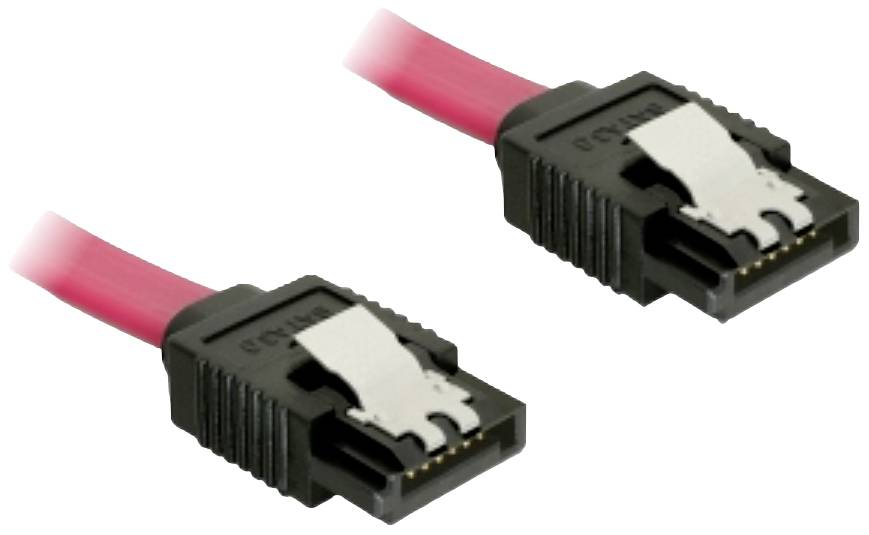 Zwei rote SATA-Kabel mit schwarzen Steckern, die zur Verbindung von Computerkomponenten wie Festplatten verwendet werden.