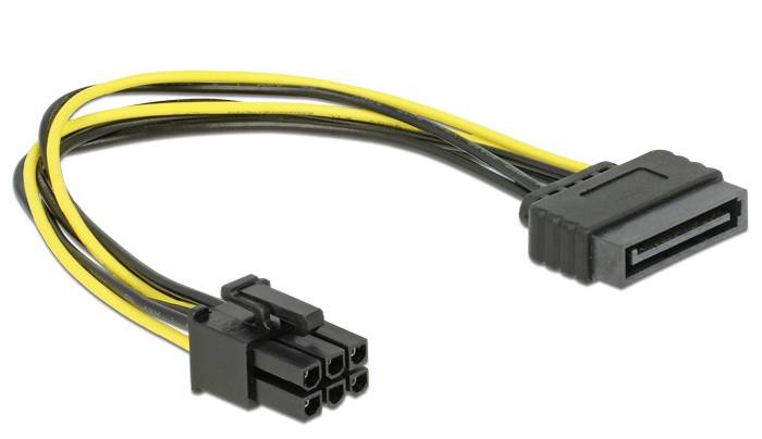 Ein SATA-auf-6-poliger-PCIe-Stromstecker-Adapterkabel, schwarz-gelb, circa 20 cm lang.