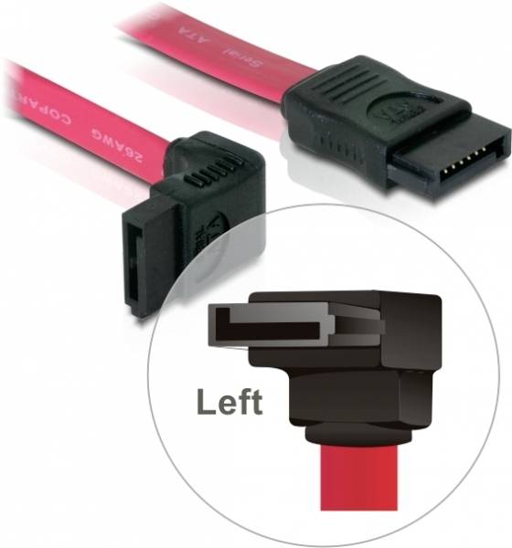 SATA-Kabel mit L-förmigem Stecker, rot, zur Datenübertragung zwischen Festplatte und Motherboard. Bezeichnung 'Left' für den Stecker.