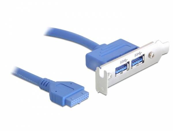 Ein blaues internes USB 3.0-Kabel mit zwei Anschlüssen an einer Metallhalterung für den Einbau in einen Computer.