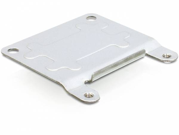 Ein rechteckiges, metallisches Computerbauteil mit abgerundeten Ecken und vier Löchern zur Befestigung.