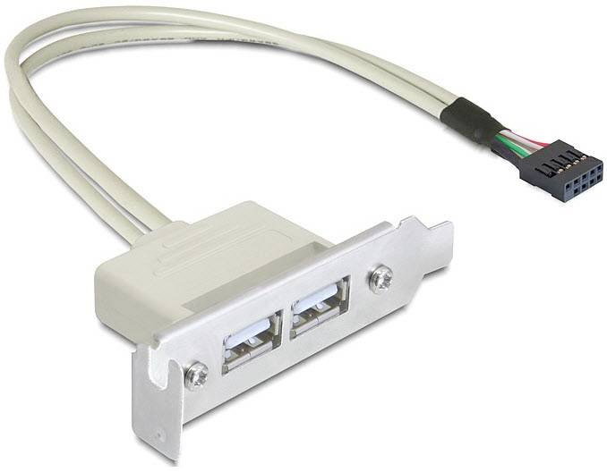 Erweiterungskabel mit zwei USB-Anschlüssen und mehradrigem Stecker. Ideal für den Anschluss interner Geräte an externe Ports.