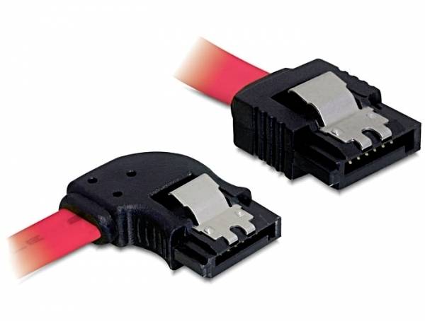 Zwei rote SATA-Kabel mit schwarzen Anschlüssen, geeignet zum Verbinden von Computerkomponenten wie Festplatten oder SSDs.