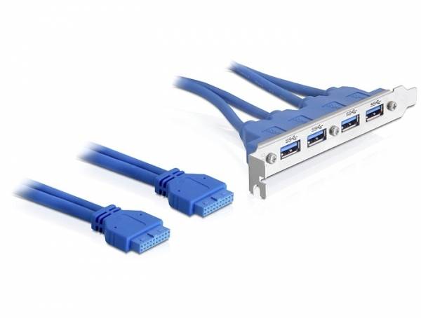 Ein Set aus blauen USB 3.0-Anschlüssen mit vier Ports auf einer Metallblende, begleitet von zwei blauen internen Steckkabeln.