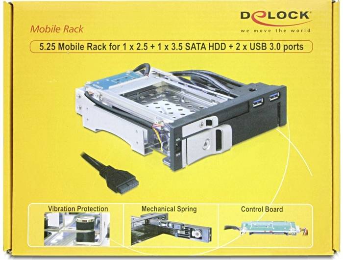 Gelbe Verpackung für ein Delock Mobile Rack mit 5,25 Zoll, geeignet für 1x 2,5