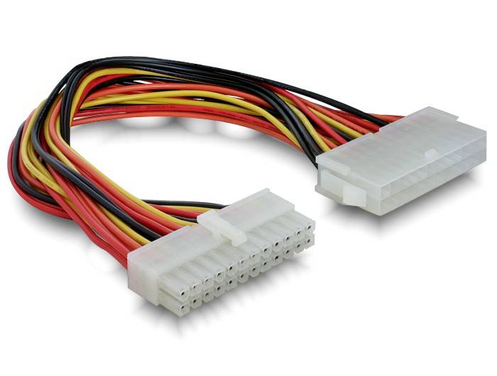 Ein 24-poliger ATX-Stromkabeladapter mit mehrfarbigen Drähten, verwendet zur Verbindung von Computer-Netzteilen mit Motherboards.