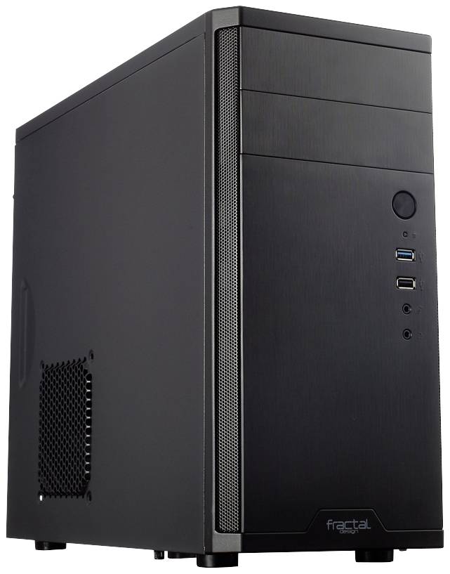 Schwarzes Computergehäuse mit zwei USB-Anschlüssen, einem runden Einschaltknopf, Lüftungsschlitzen und Markenlogo unten rechts.