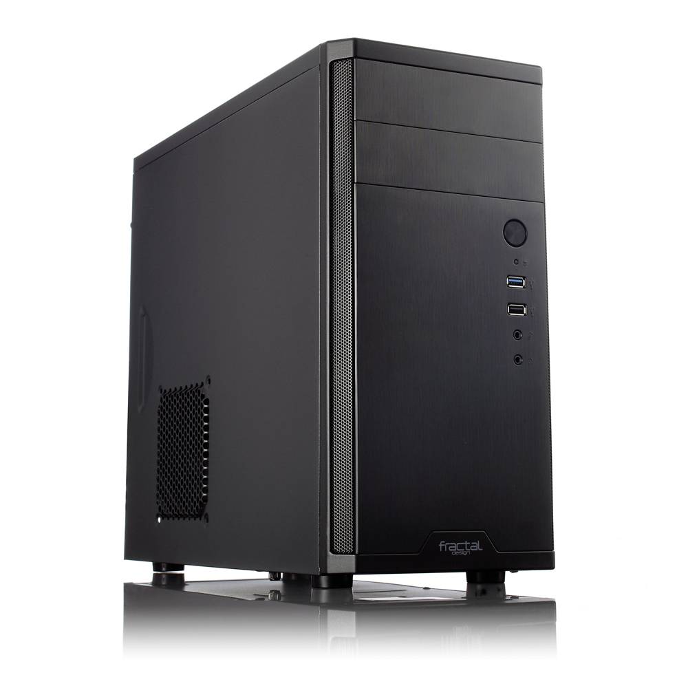 Schwarzes PC-Gehäuse mit seitlichem Lüftungsgitter, zwei USB-Anschlüssen und einem runden Einschaltknopf an der Vorderseite.