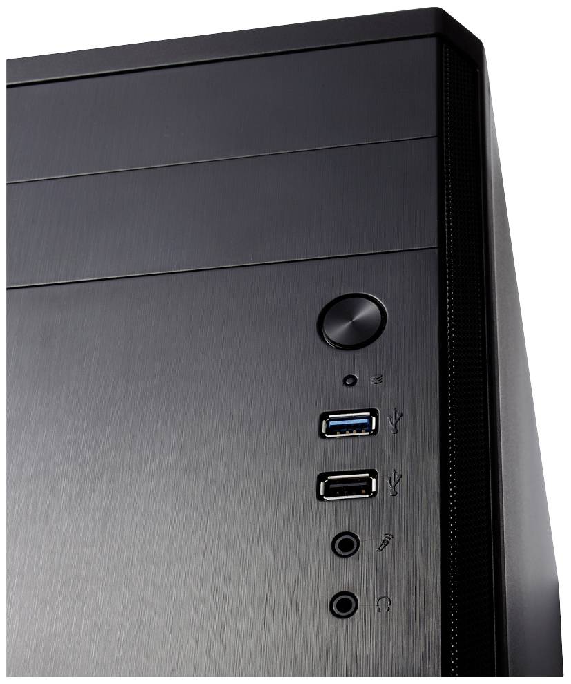 Schwarzes Computergehäuse mit zwei USB-Anschlüssen, Audioanschlüssen und einem runden Einschaltknopf in der oberen Hälfte der Front.