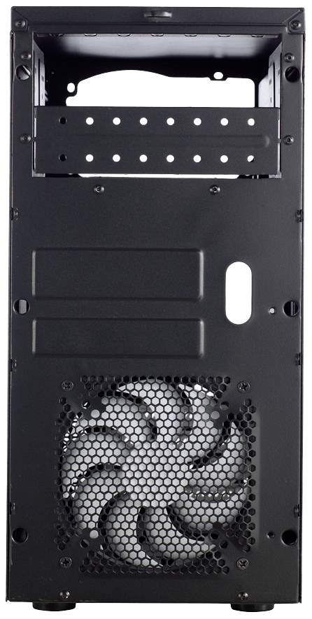 Schwarzes Computergehäuse mit sichtbarem Lüfter an der Rückwand, geeignet zur Installation von Hardware-Komponenten und Kühlung.