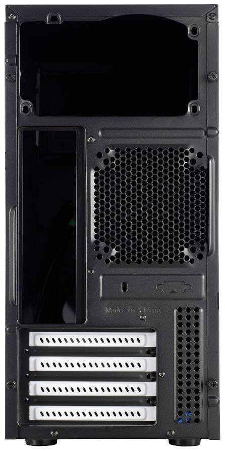 Rückseite eines Computergehäuses mit mehreren Lüftungsschlitzen und Anschlussmöglichkeiten, darunter vier Einschübe für Festplatten.